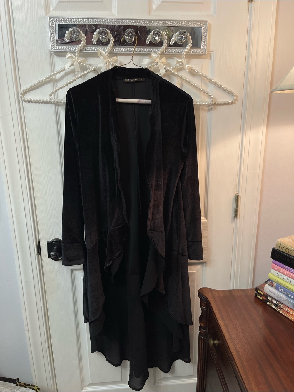 Black Velvet Open-Front Drape Cape / Long Cardigan Elegant